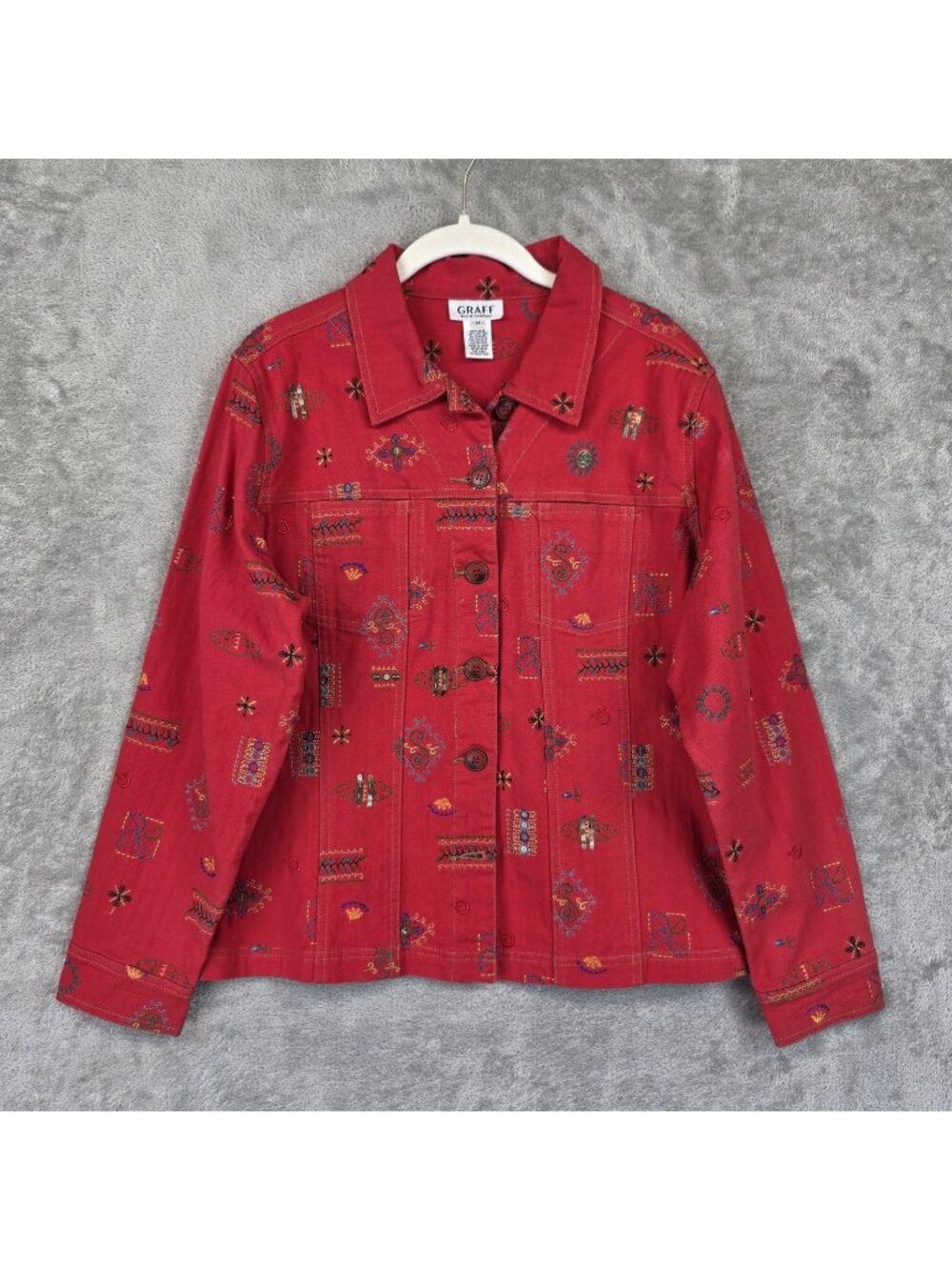 Graff Jacket Womens M Red Embroidered Denim Button Front Southwestern Boho
